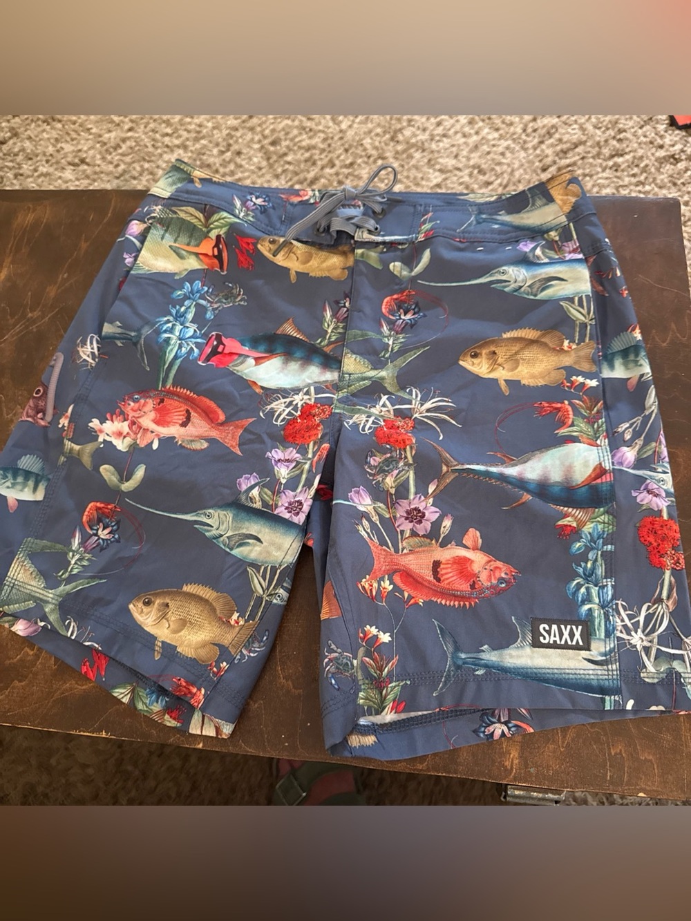 Saxx Navy Swim Shorts with Multicolor Fish 28 Print nwot